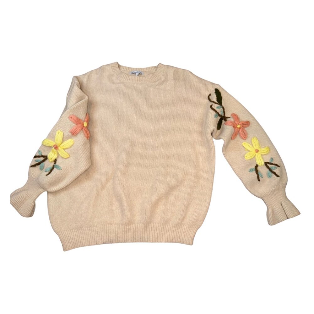 See and Be Seen Floral Embroidered Sweater | Medium | Cream Knit Pullover
